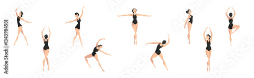 Female Ballet Dancer Performing in Black Leotard Vector Set