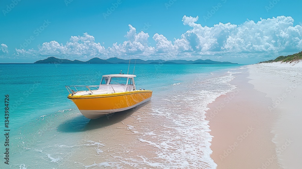 Obraz premium Bright yellow boat anchored on a serene beach with turquoise waters and clouds