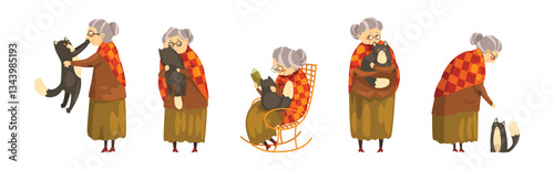 Funny Granny with Her Black Cat Pet Vector Set