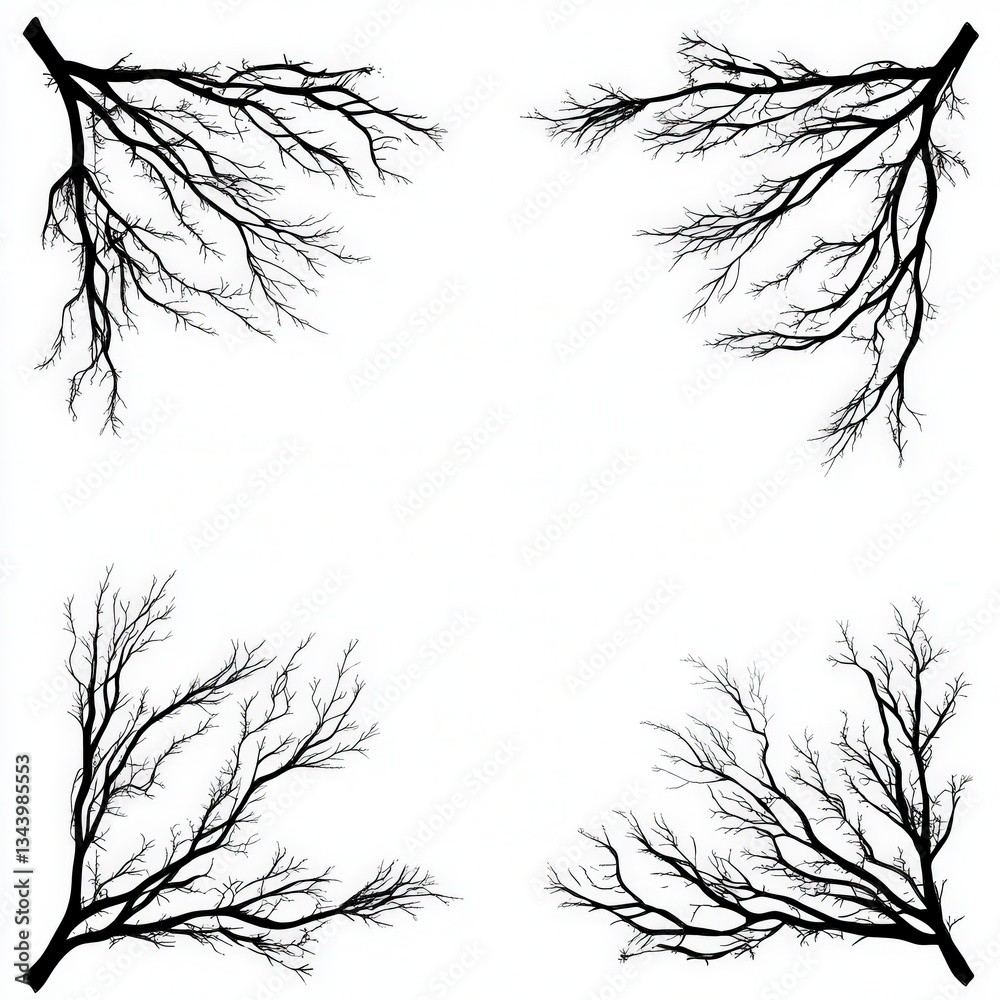 Fototapeta premium a minimalist forest frame, delicate line art of elegant tree branches, modern monochrome style, isolated on white background
