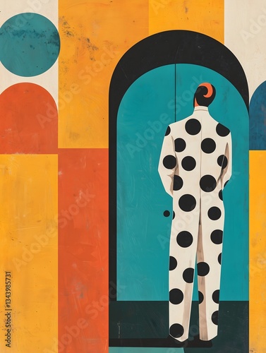 A man in a polka dot suit stands before a teal door.