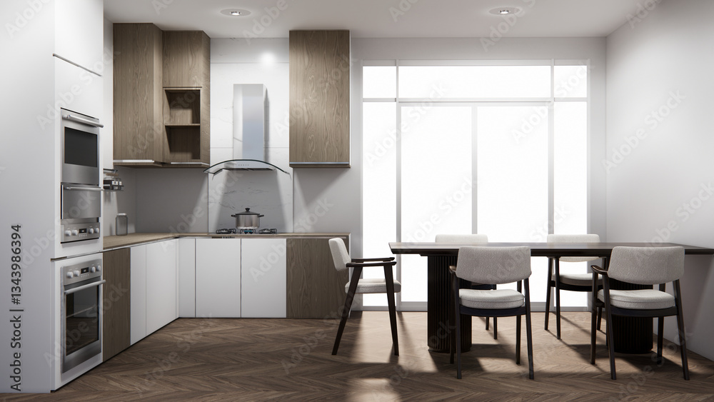 Fototapeta premium mockup table bar on set kitchen shaped modern style concept. 3d rendering