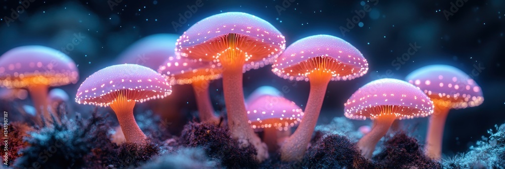 Naklejka premium Surreal Bioluminescent Mushrooms Glowing in Neon Colors with Intricate Details and Dark Ambient Background
