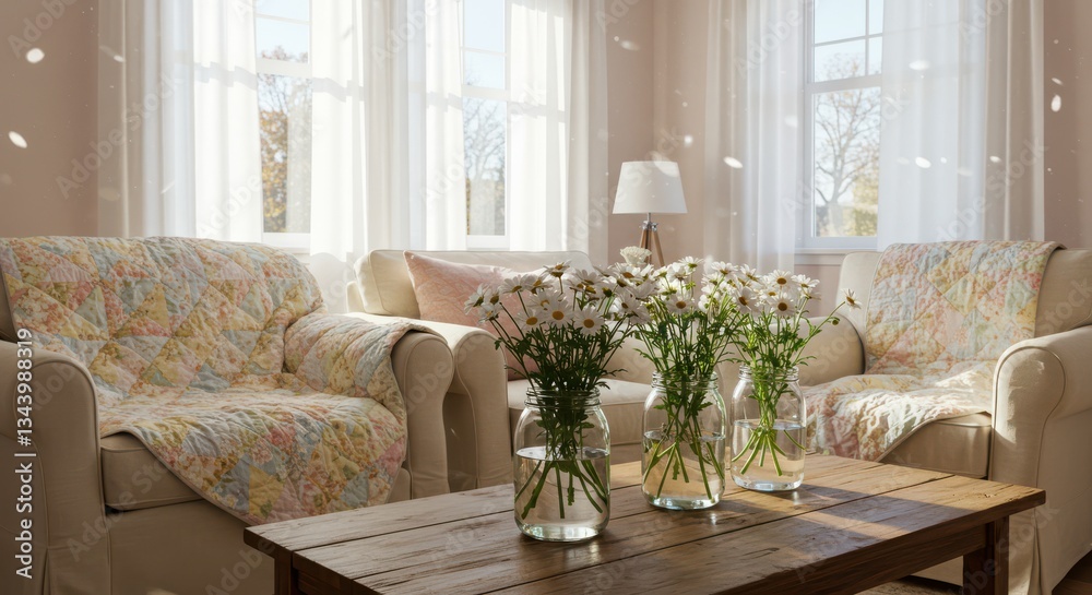 Naklejka premium Daisies in Vases on Wooden Table in Bright Living Room