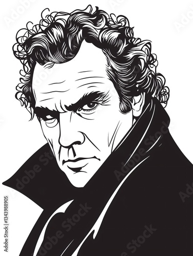 Black and white illustration of a man with curly hair