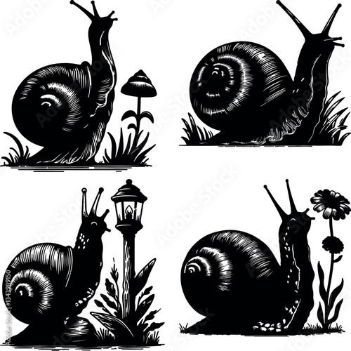 Set of Various Snail Shell Outlines in Black and White Ink Illustration Vector Art