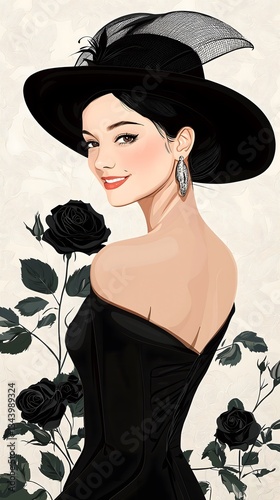 Elegant Woman in Black Hat and Dress
