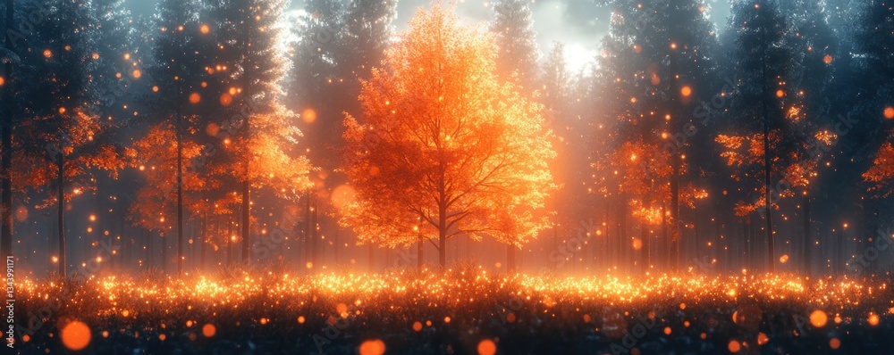 Naklejka premium Dreamy Forest Background with Glowing Trees and Vibrant Autumn Colors for Seasonal Celebrations