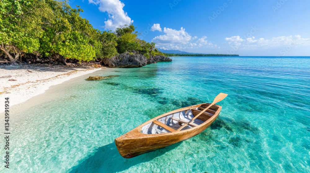 Naklejka premium serene wooden boat rests on clear turquoise water