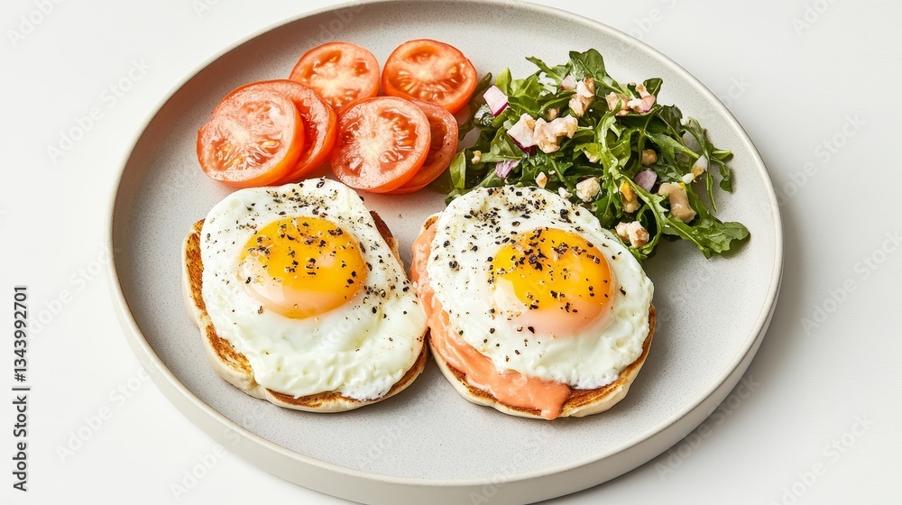 Delicious egg benedict breakfast plate with salad and vegetables home kitchen morning meal fresh ingredients Delicious egg benedict breakfast plate with salad and vegetables home kitchen morning meal fresh ingredients
