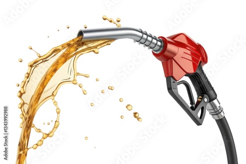 Fuel nozzle, gasoline splash, diesel pump, liquid gold, red handle, dynamic fluid.
