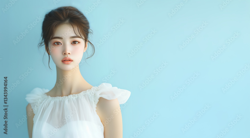 Beautiful Asian idol girl with healthy skin looking at camera. Natural makeup of beautiful model in white dress on light blue background. Copy space. Spring, summer cosmetics.
Beautiful Asian idol girl with healthy skin looking at camera. Natural makeup of beautiful model in white dress on light blue background. Copy space. Spring, summer cosmetics.