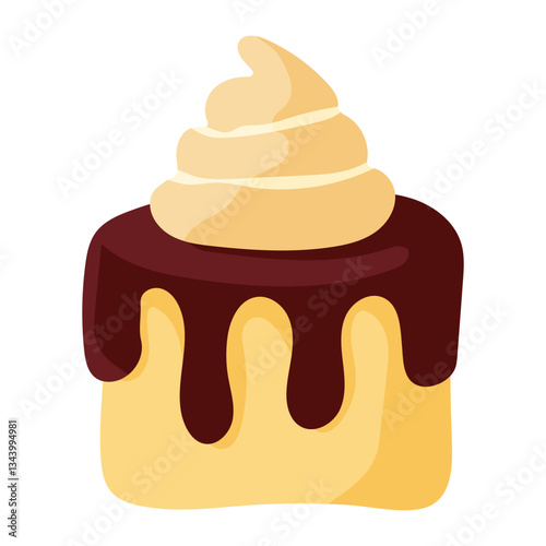 A cartoon cake with chocolate frosting and whipped cream on top. The frosting is drizzled down the sides of the cake