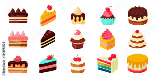 A collection of various types of cakes and cupcakes, including chocolate, vanilla, and strawberry. The cakes are decorated with frosting and cherries, and they are arranged in a row