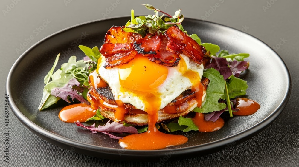 Delicious egg benedict breakfast plate with fresh vegetables and salad gourmet dining experience inviting atmosphere Delicious egg benedict breakfast plate with fresh vegetables and salad gourmet dining experience inviting atmosphere