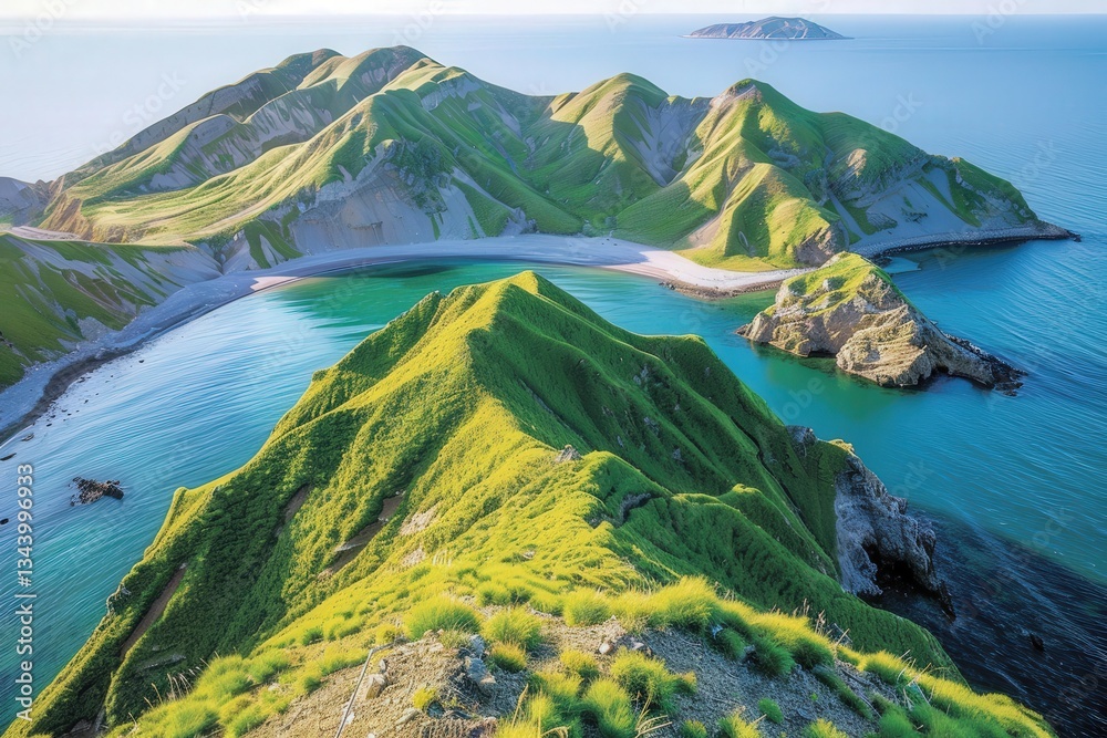 Naklejka premium A beautiful mountain range with a green hillside and a lake in the foreground