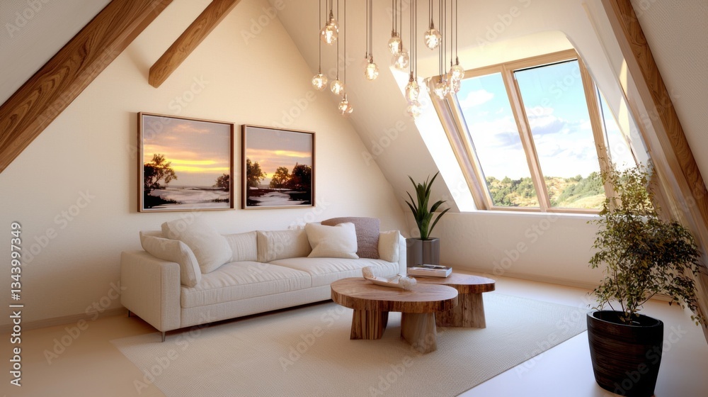 Fototapeta premium Compact rustic attic loft living room, cream walls, small linen sofa, illuminated paintings, hanging lights, panoramic sunset view