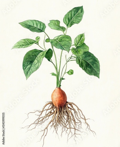 Botanical Illustration of Sweet Potato Plant with Detailed Roots and Leaves in Vintage Watercolor Style