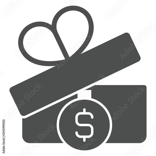 Gift box with dollar coin solid icon, finance concept. Vector graphics. Paper box with bow and money coin sign on white background, glyph style icon for mobile or web design.