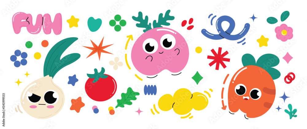 Fototapeta premium Set of funky groovy element vector. Collection of cartoon characters, cute doodle dawn, carrot, tomato, sparkle, leaf, flower. Retro hippie design for decorative, sticker, toys and kids.