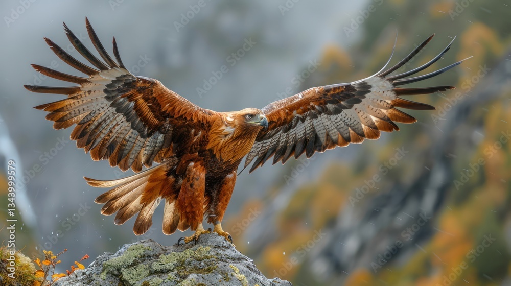 Obraz premium A brightly colored eagle flapping its wings in the sky, details in focus against a blurred background