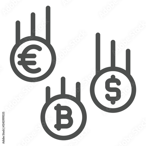 Money coin rain line icon, finance concept. Vector graphics. Falling euro, bitcoin, dollar coins sign on white background, outline style icon for mobile or web design.