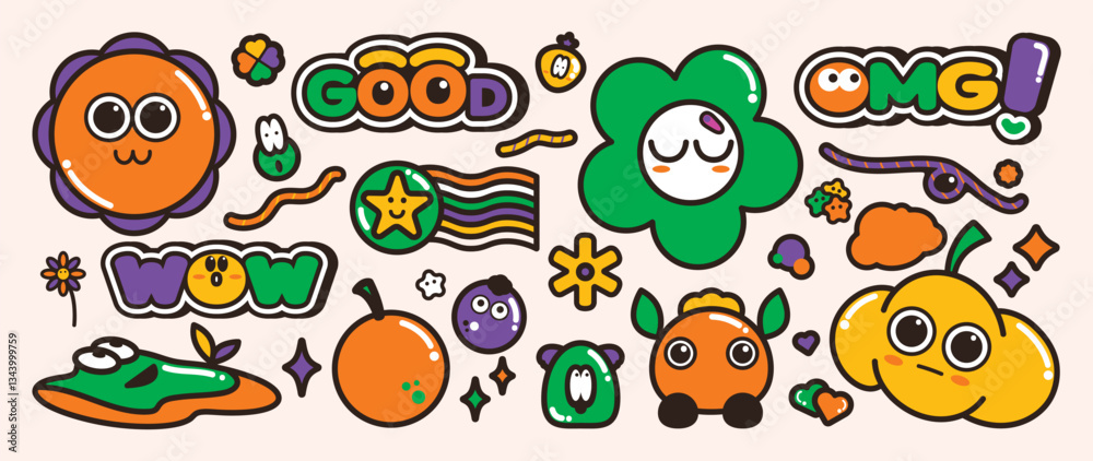 Obraz premium Set of groovy element vector. Collection of cartoon characters, doodle smile face, flower, cloud, orange, good, wow, sparkle. Cute retro groovy hippie design for decorative, sticker, kids.
