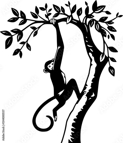 Monkey hanging from a tree black and white illustration vector art design graphics primate wildlife nature cartoon line art minimalist decorative creative