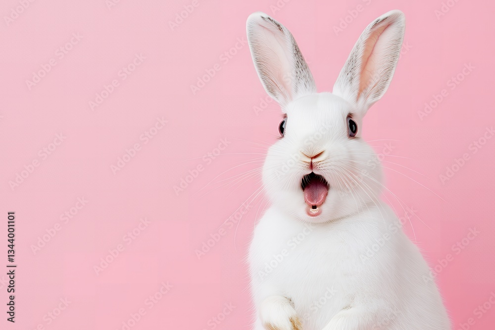 Obraz premium Adorable White Rabbit with Open Mouth on Pink Background Easter Bunny Pet Animal
