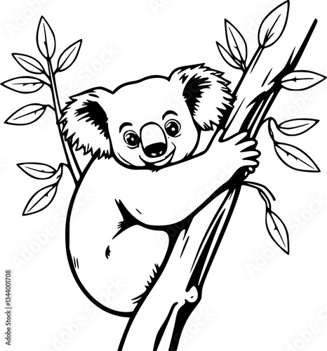 Koala hugging eucalyptus tree monochrome black and white illustration minimalist nature wildlife art design print decorative cute animal Australian symbol love trees vintage style