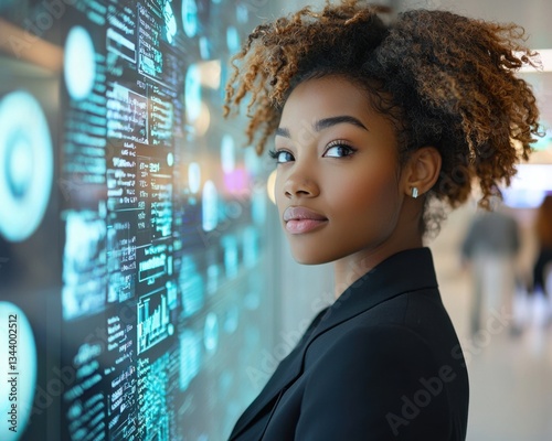 Empowered Businesswoman Leveraging Voice-Controlled AI for Seamless Scheduling Witness a forward-thinking businesswoman effortlessly manage her schedule using cutting-edge voice AI This dynamic image