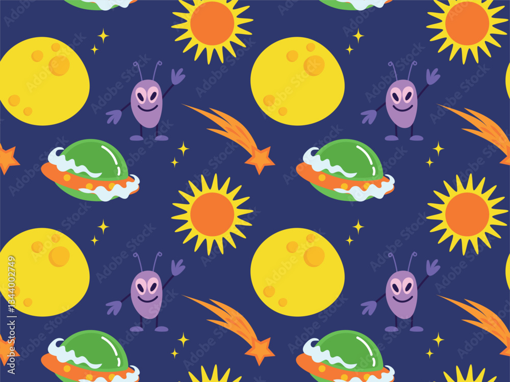 Obraz premium Colorful seamless pattern on space theme. Vector of cartoon flying saucer, cute alien, stars