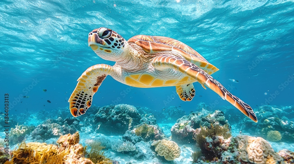 Obraz premium Graceful sea turtle swimming above vibrant coral reef in clear ocean waters