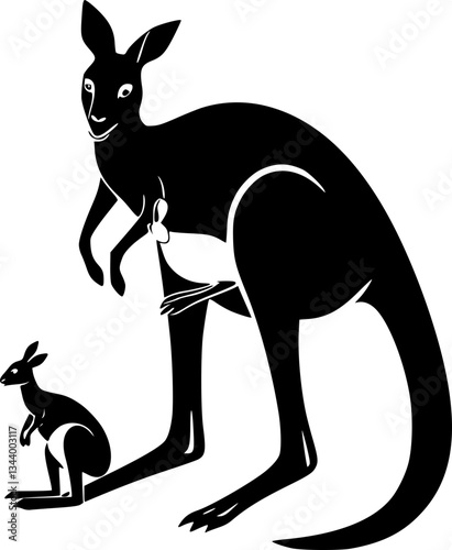 Kangaroo with baby in pouch monochrome black and white illustration animal wildlife nature motherhood pouch joey marsupial Australian native animal art design print digital graphic cute adorable minim