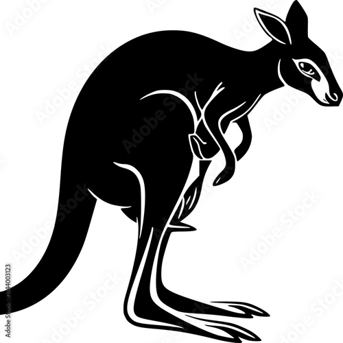 Kangaroo with baby in pouch monochrome illustration black and white line art vector graphic animal wildlife marsupial motherhood nature Australian wildlife art design