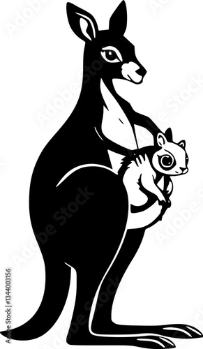 Kangaroo with baby in pouch monochrome black and white wildlife animal nature motherhood cute illustration drawing art graphic design