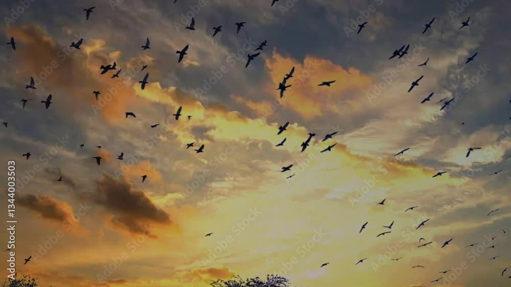 flock of birds on the ground, flock of birds flying over the clouds