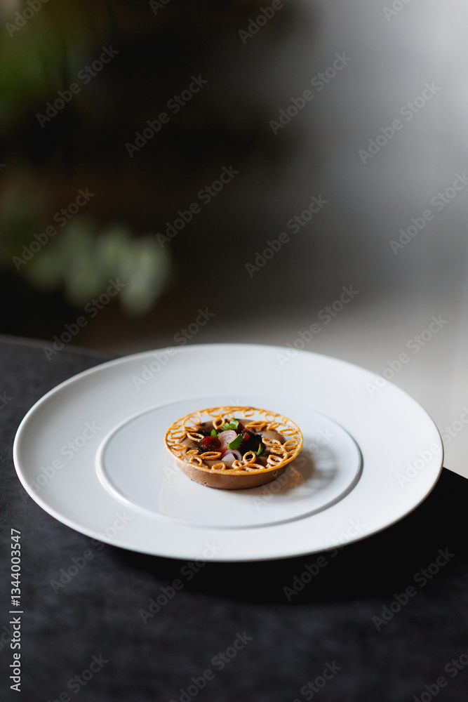 close up view of haute cuisine starter appetiser liver pate on a white plate on grey stone background 