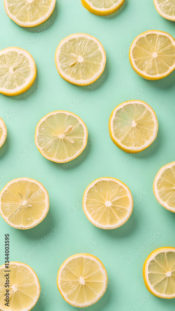 Minimalist top-down photograph of lemon slices on pastel mint background for phone wallpaper Minimalist top-down photograph of lemon slices on pastel mint background for phone wallpaper