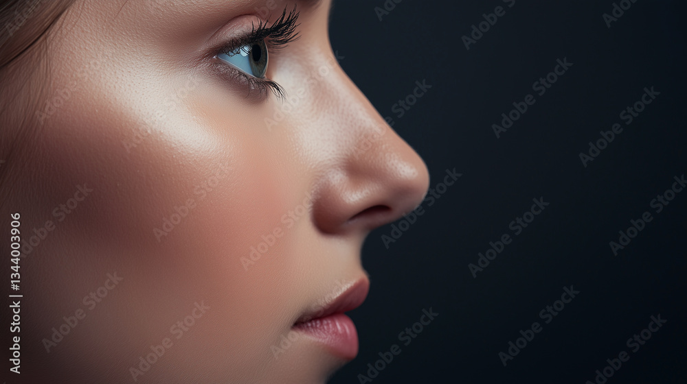 Dramatic transformation showcasing a womans nose with clear contours and refined features against a dark background Dramatic transformation showcasing a womans nose with clear contours and refined features against a dark background
