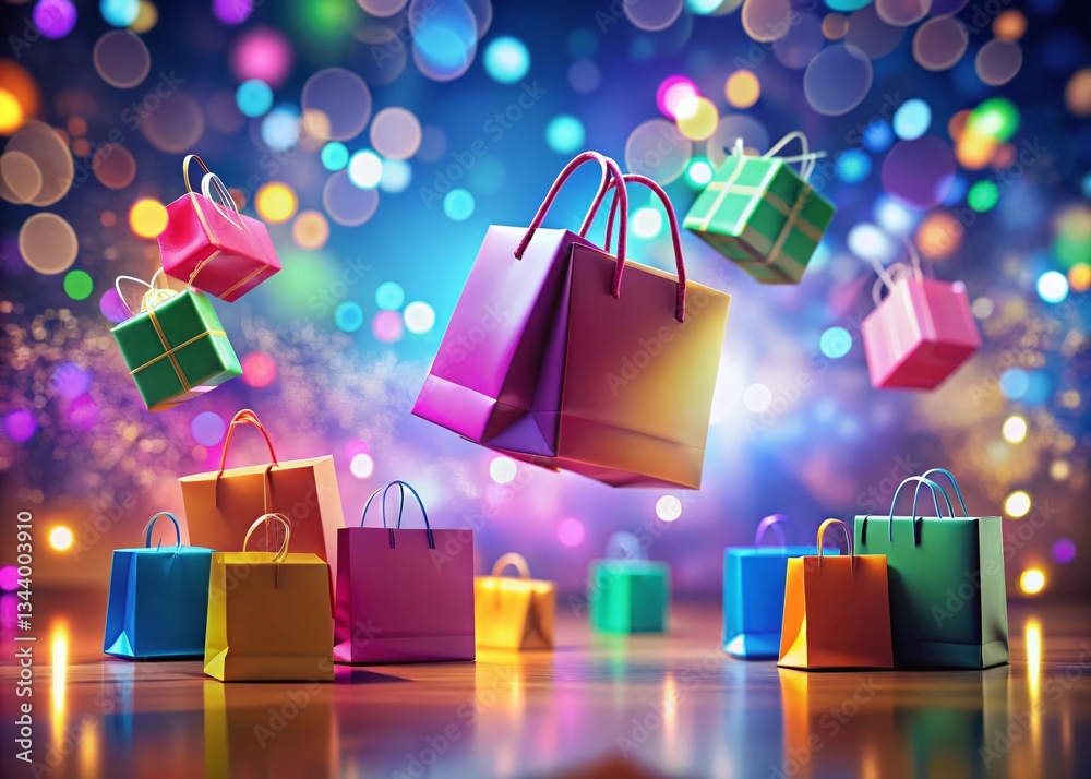 Glowing Lines Connect Floating Shopping Bags & Boxes - Bokeh Effect Stock Photo