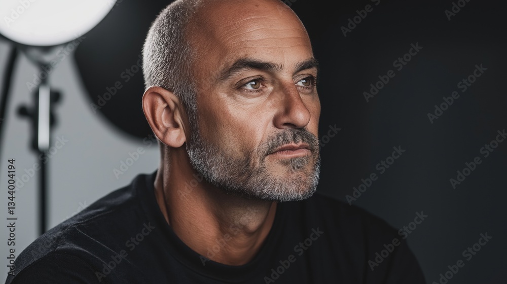 Obraz premium Close-up portrait of a middle-aged man with a bald head and a goatee. he is wearing a black t-shirt and is looking off to the side with a serious expression on his face.