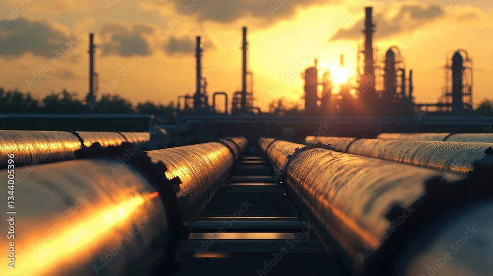 An oil refinery at sunset, with tanks and pipelines in view. An oil refinery at sunset, with tanks and pipelines in view.