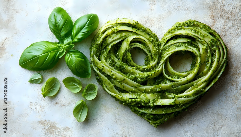 Obraz premium Fresh pasta shaped as heart with green basil pesto sauce and aromatic herbs on light marble background, romantic Italian cuisine concept.