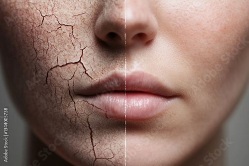 Comparison of dry skin and hydrated skin highlighting differences in texture and appearance on a persons face