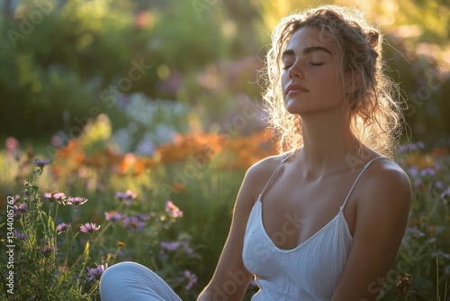 Find Serenity with Peaceful Garden Meditation Embrace deep breathing, surrounded by wildflowers in golden sunlight Immerse yourself in nature's embrace Discover inner peace, mindfulness, and photo