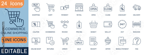 24 e-commerce line icons, including cart, payment, sale, discount, mobile payment, wallet, delivery, and order. Ideal for retail websites, mobile apps, online stores, and business marketing.