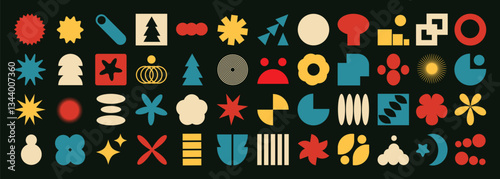 Set of abstract geometric shapes element vector. Collection of contemporary figure, circle, flower, sparkle, triangle, line ,frame, star. Design element for banner, prints, stickers, decor, icon.
