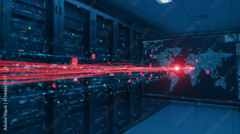 Server room with world map showing red data stream, cyber attack concept. Data center security, global network vulnerability, information warfare theme. Use for technology, business, government