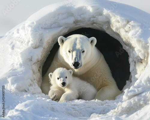 Witness the tender bond between a mother polar bear cradling her cub in a snowy den, a poignant reminder of warmth and care flourishing even in a frozen world Explore the arctic's heart A mother's